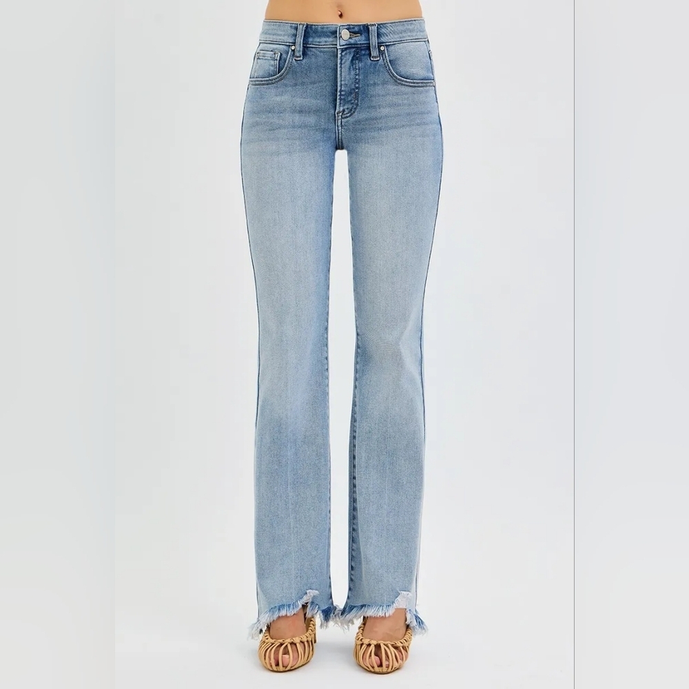 RISEN Full Size Tummy Control Mid Rise Flare Jeans with Fray Hem Detailed Plus S